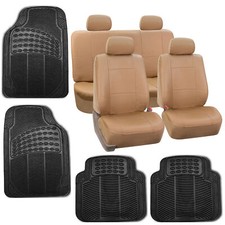 Tan Black Faux Leather Car Seat Cover Set Headrests Floor Mat Set