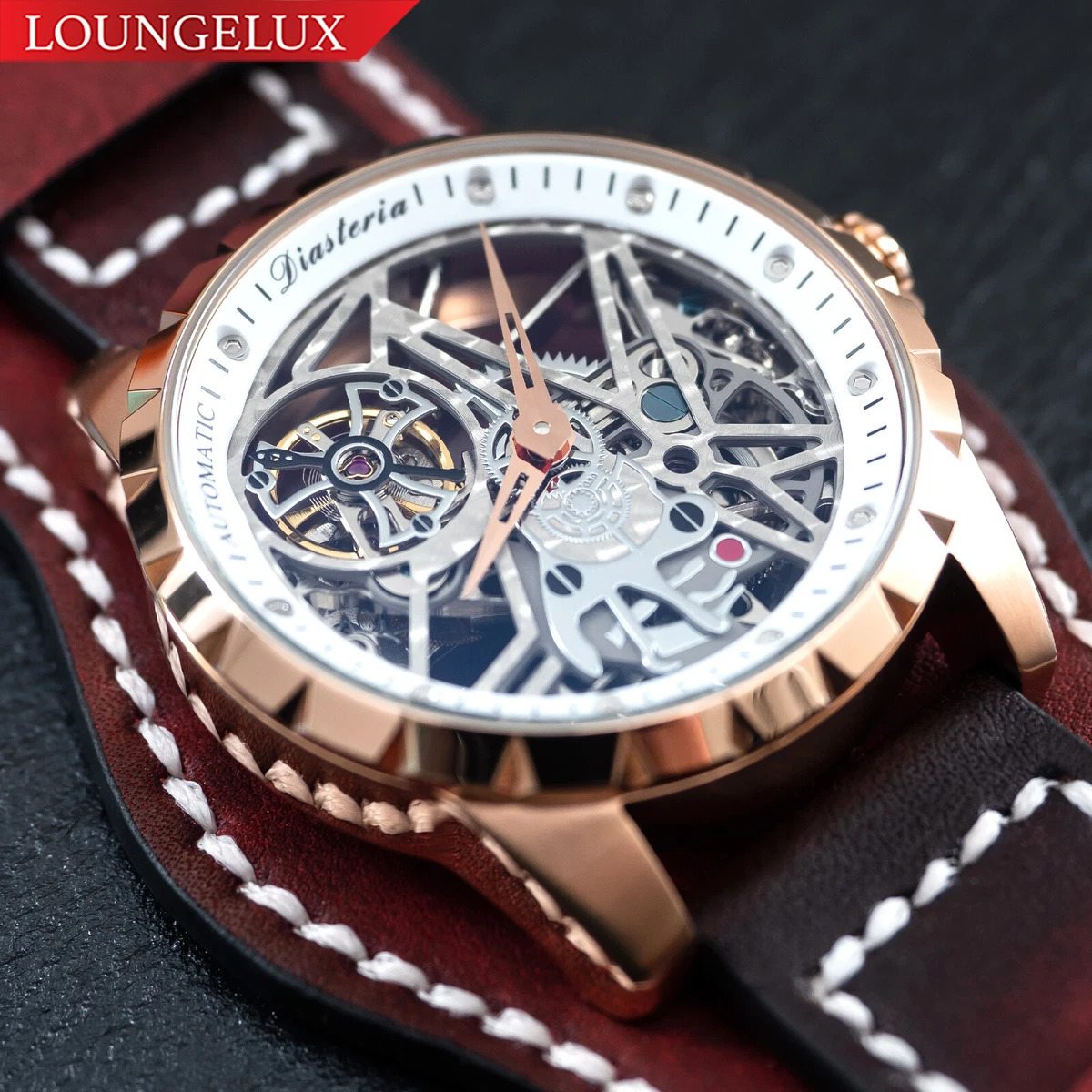 Mens Automatic Mechanical Watch Rose Gold White Dial Red Leather Cuff Strap