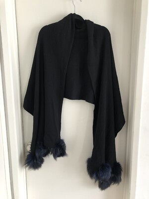 Neiman Marcus by Patrick Black knit Shawl with blue rabbit Fur Trim