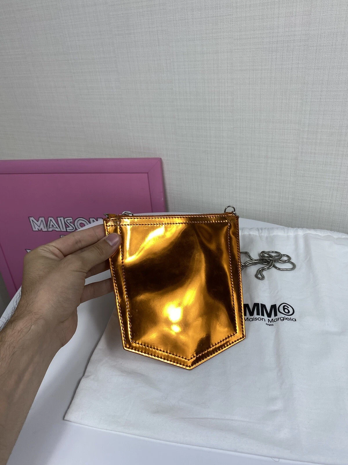 MAISON MARGIELA Casa Margiela MM6 Borsa Vinile Tasca Mini Borsa A Frizione Catena Metallica Arancione