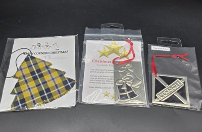 3 Vtg Cornwall UK England Cornish Christmas Ornaments Tartan Tree St Pirin Flag
