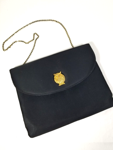 Vintage Black Satin Handbag Gold Tone Owl Embellished Miss Lewis Shoulder Bag - Picture 3 of 12