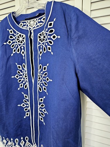 Embroidered Lightweight Linen Open Front Cardigan Jacket Blazer Blue White... - Picture 4 of 11