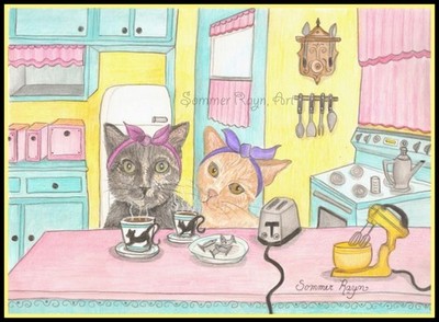 Two cats in a retro kitchen just like Lucy and Ethel, cards/prints, magnet #402