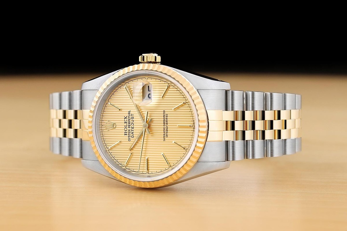 ROLEX MENS DATEJUST 16233 CHAMPAGNE TAPESTRY DIAL 18K GOLD STEEL 2