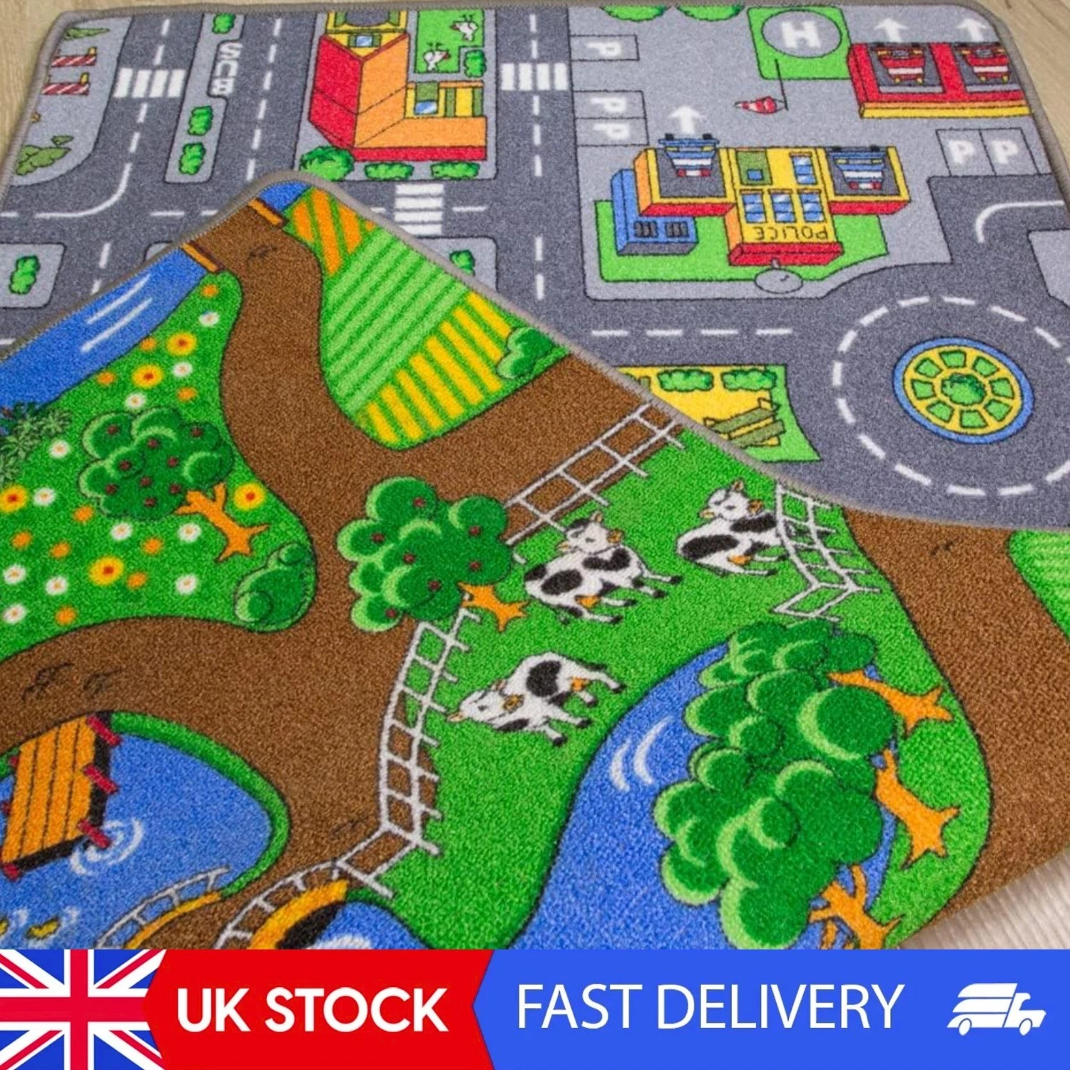 Interactive Double-Sided Play Rug for Kids - City & Farm 80x150cm Easy Clean