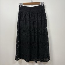 Black Lace Midi Skirt L Goth Boho Gypsy Romantic Aesthetic Elastic Waist