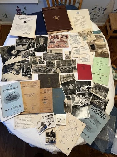 HUGE WW2 Military Lot US Log Book, Photos, German Cigarette Photos, WW2 Ephemera