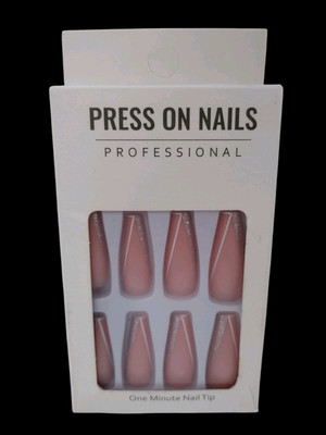 PRESS ON ONE MINUTE FAKE NAILS 24pc Long Coffin Natural/Sparkle DO IT YOURSELF