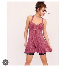 Free People dress fit & flare mini dress ruffle bottom red/white floral keyhole