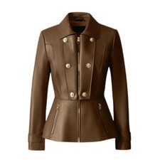 Women Lambskin Leather Jacket Cognac Brown Fitted Peplum Gold Button Zip