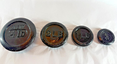 Vintage 4er Set W & T Avery Gusseisen Stapelgewichte Imperial 4 Pfund bis 8 Unzen