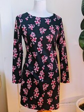 retro ponte shift dress long sleeve black with pink floral print semi-fitted