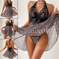 Sexy-Leopard-Lingerie Womens See Through Mini Dress Nightwear Sleepwear G-string