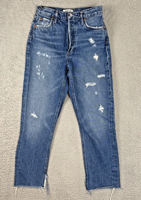 Agolde Feel Good Skinny Jeans Size 25 Blue Denim Distressed Frayed Leg Slit Side