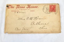 The Ross House Deshler, Ohio Postal Envelope Posted 1903 Bellevue OH ~ T392ee