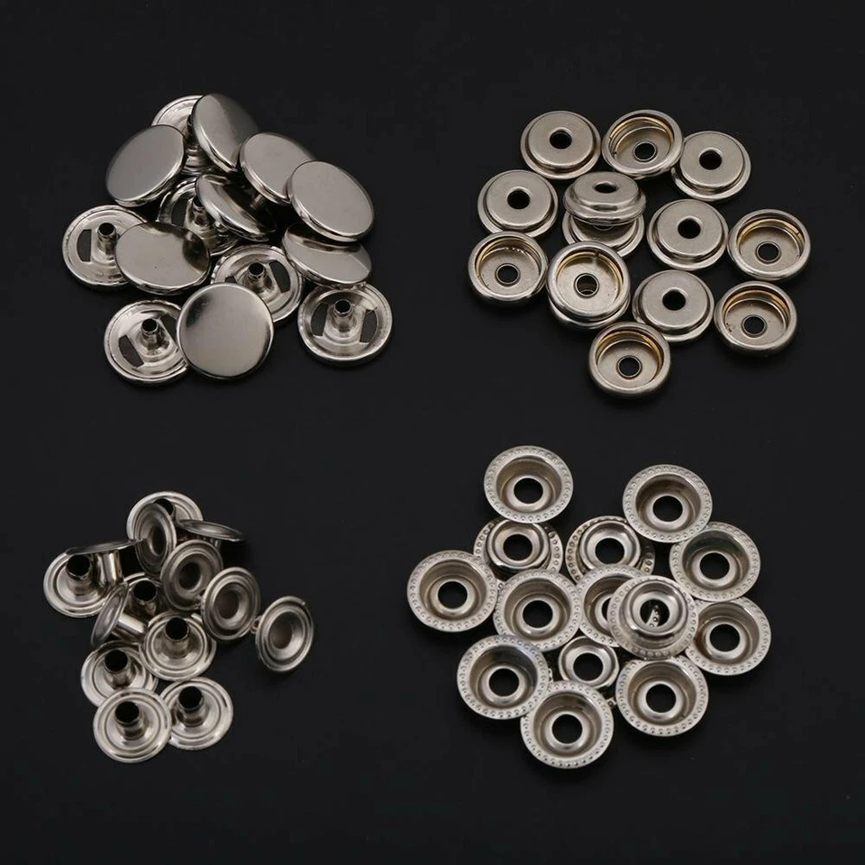 20 Set Argento Ottone Bottoni Automatici 15mm & Mano Attrezzo Kit per Pelle - Immagine 2 di 4