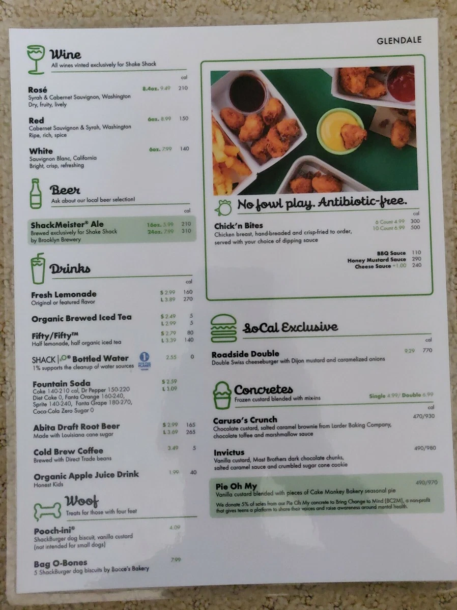 Shake Shack Restaurant Menu, Burgers, Fries, Shakes. LAMINATED 1.9