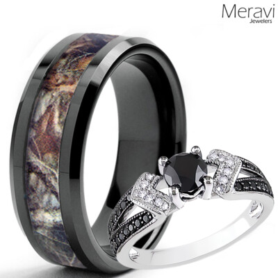 Black Titanium Mossy Tree Camo Oak Wedding Band CZ Sterling
