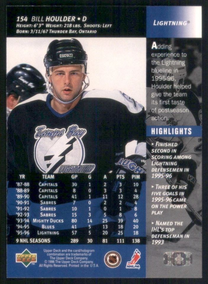 1996-97 Upper Deck #154 Bill Houlder Tampa Bay Lightning TW918 - Image 2 of 2