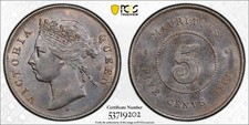 1890-H Mauritius 5 Cents PCGS MS63BN Lot#G3707 Choice UNC!