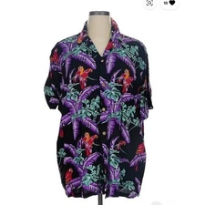 Paradise Found 100% Rayon Tropical Purple Short Sleeve Blouse Size XL parrot