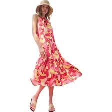 Ming Wang NWT $270 Abstract Print Crepe De Chine Flounced Halter Dress, Size M