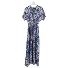 Christy Dawn 100% Silk Dress Floral Print Blue Pink Maxi V Neck Short Sleeve XS