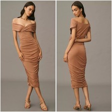 Anthropologie Off-The-Shoulder Ruched Slim Midi Dress Brown Tan Large Party