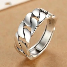 925 Sterling Silver Cuban Link Chain Ring - Chunky Adjustable Band Jewelry Gift
