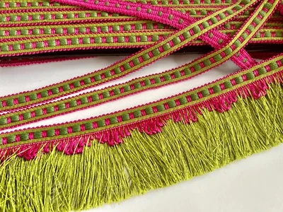 French Stephanoise Fringe Braid Upholstery Trim Fuchsia Pink Pistachio Green