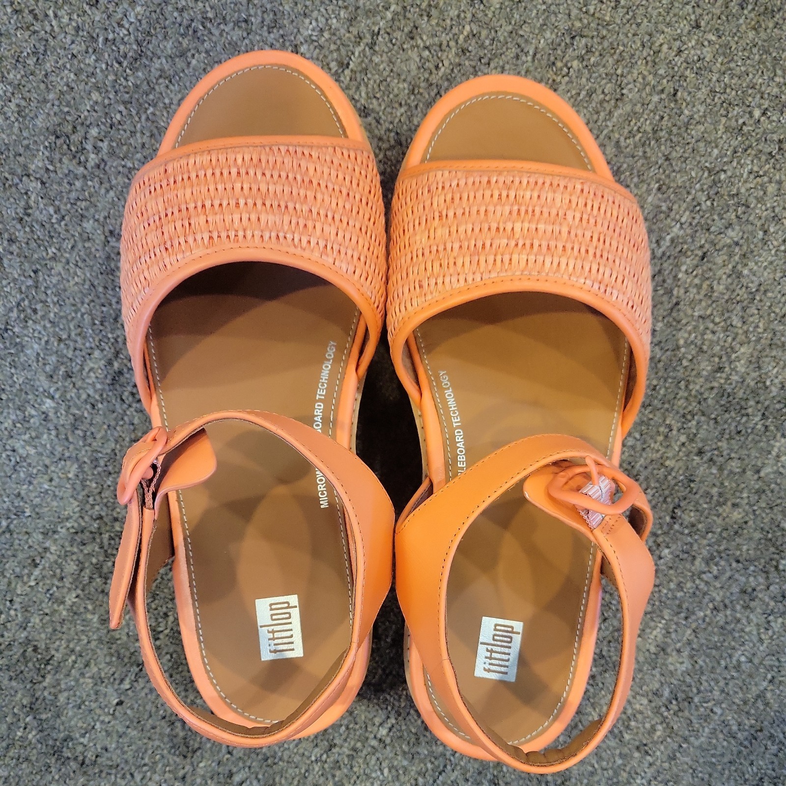 Fitflop Nib Eloise Leather & Raffia Woven Back Strap Wedge Sandals Coral 8