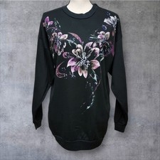 VTG 90s Floral Sweatshirt Womens Sz S Handpainted Black Purple Oversized Shirt