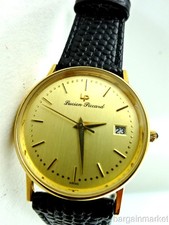 Lucien Piccard 14K Yellow Gold Date Mens Leather Band Quartz Wrist Watch New