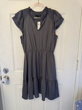 Banana Republic Mini Dress Womens Medium Gunmetal Gray Flutter Sleeve Ruffle NWT
