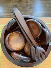 Vintage 15 Piece Mahogany Wood Salad Bowl Set Mid Century Modern