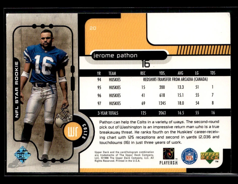 1998 Upper Deck Jerome Pathon #20 Rookie - Image 2 of 2
