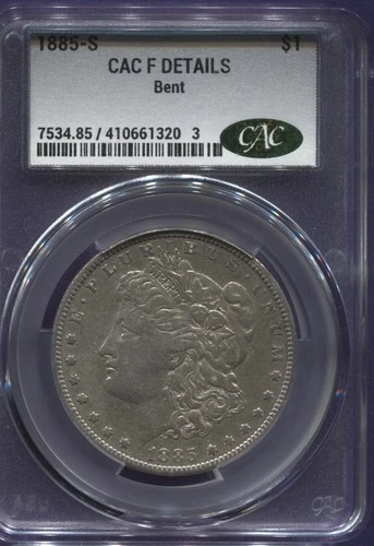 1885-S Morgan Silver Dollar, CACG Fine, Details bent