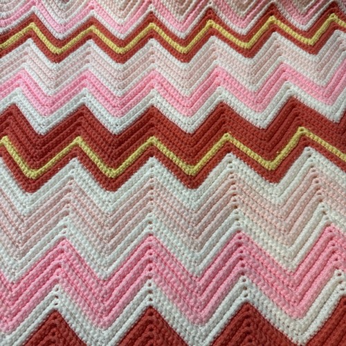 Handmade Crocheted Afghan Pink White Coral Yellow 51 X 46 Cottage Decor Gifts - Picture 4 of 8