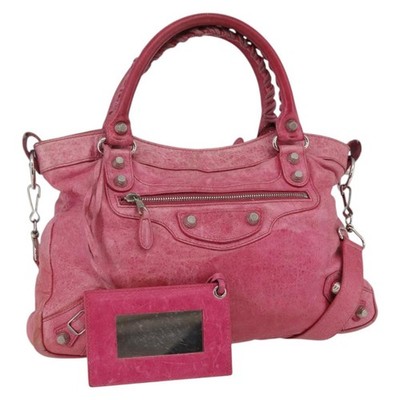 BALENCIAGA City Hand Bag Leather 2way Pink Silver 240578 Auth