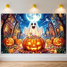 Ghost Pumpkin Halloween Banner Night Moon Cute Ghost Halloween Banner Party Deco