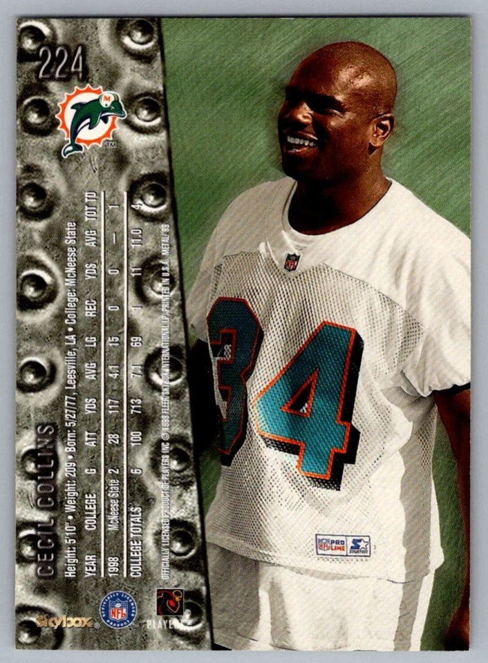 1999 SkyBox Metal Universe Cecil Collins Rookie Miami Dolphins #224 - Image 2 of 2