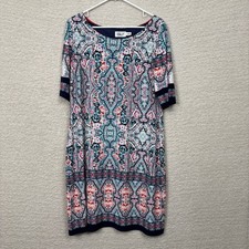 Eliza J Dress Womens 14 Blue Multi Paisley Medallion Liquid Knit Shift Pull Over