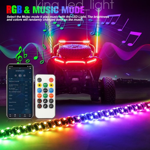 2ft RGB Spiral LED Whip Lights Antenna Chase APP & Remote for ATV UTV SXS RZR - Picture 8 of 9