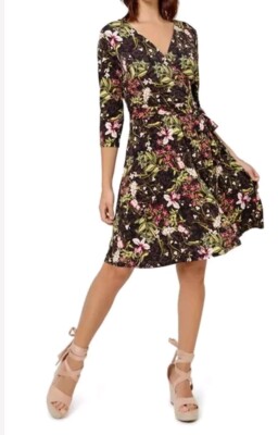 Leota Floral Faux Wrap Dress Womens Medium Brown 3/4 Sleeve