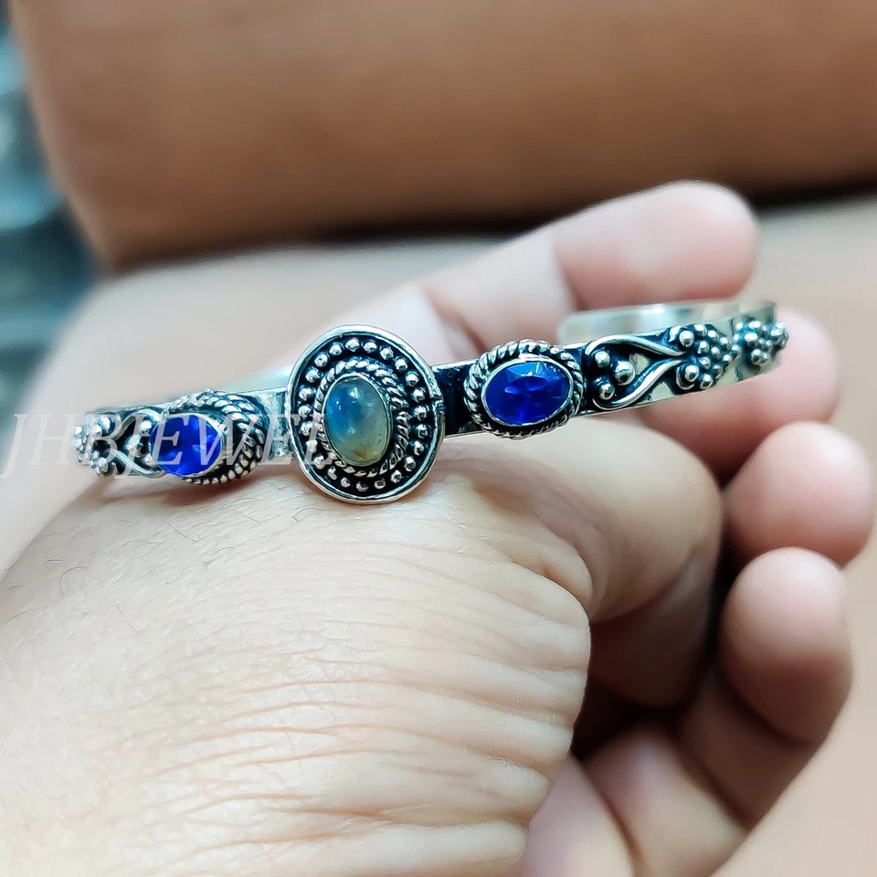 Blue Tanzanite, Labradorite Gemstone Bracelet 925 Sterling Silver Bangle /H-122 - Image 4 of 4