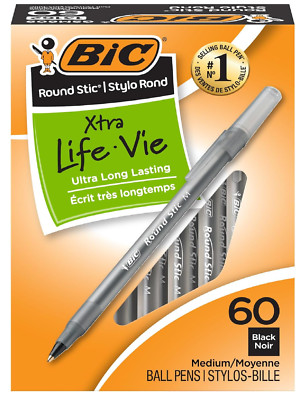round Stic Xtra Life Black Ballpoint Pens, Medium Point (1.0Mm), 60-Count Pack o