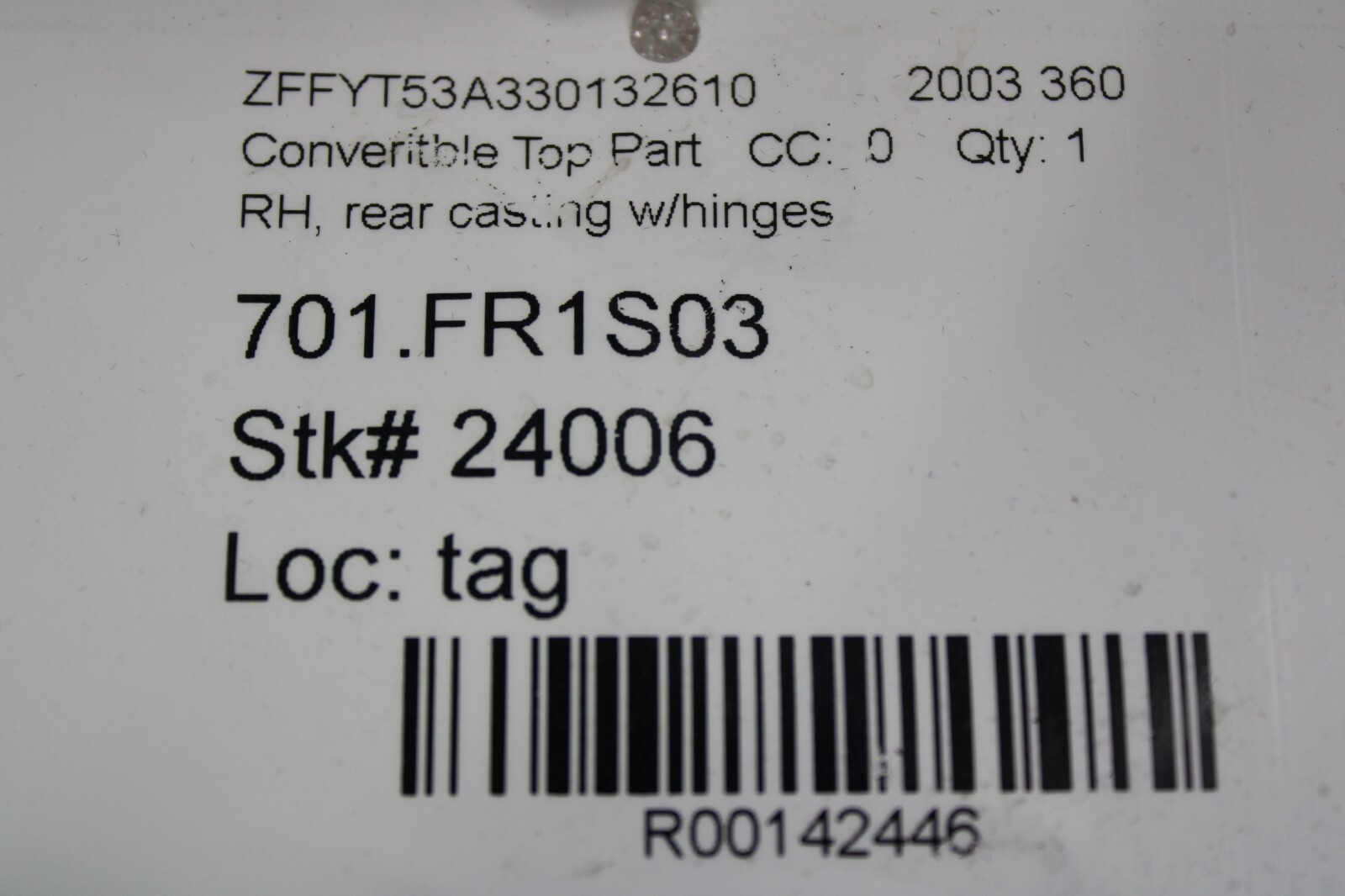 Ferrari 360, RH, Right, Convertible Top Rear Casting w/Hinges, Used