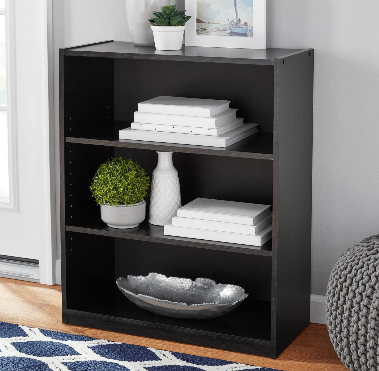 3Shelf Bookcase with Adjustable Shelves, True Black Oak INSTITUTO