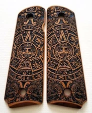 Colt 1911 custom engraved cherry wood grips Aztec Calendar